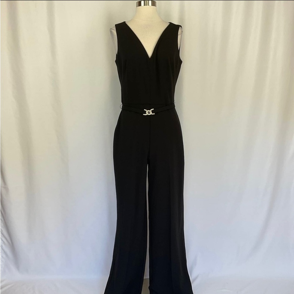 LAUREN Ralph Lauren Women's Jumpsuit Size 10 Black Crepe Belted Wide Leg